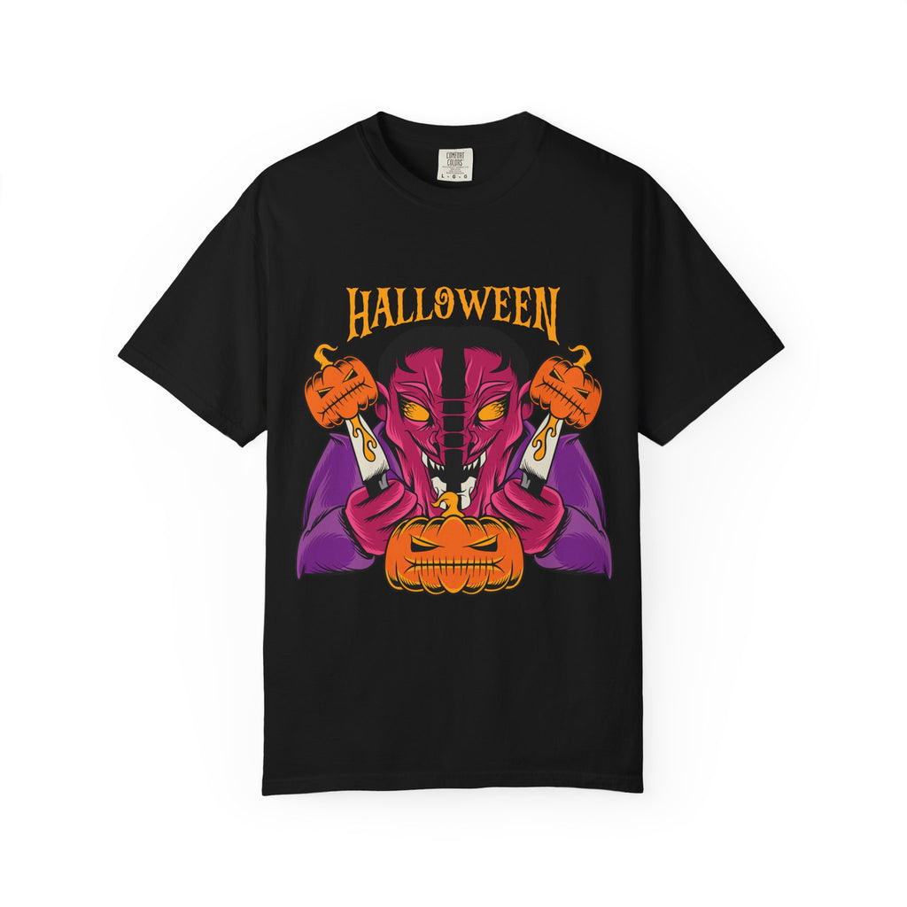 Black t-shirt with Halloween-themed design featuring a jack-o'-lantern and purple robe on a white background.