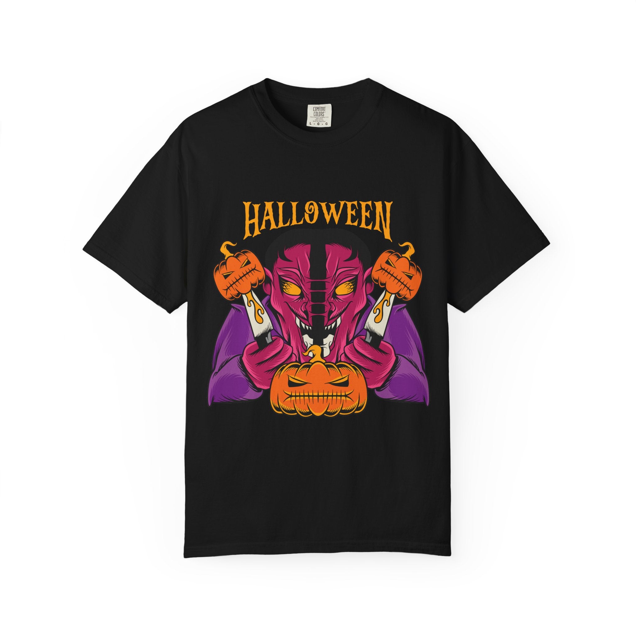 Black t-shirt with Halloween-themed design featuring a jack-o'-lantern and purple robe on a white background.