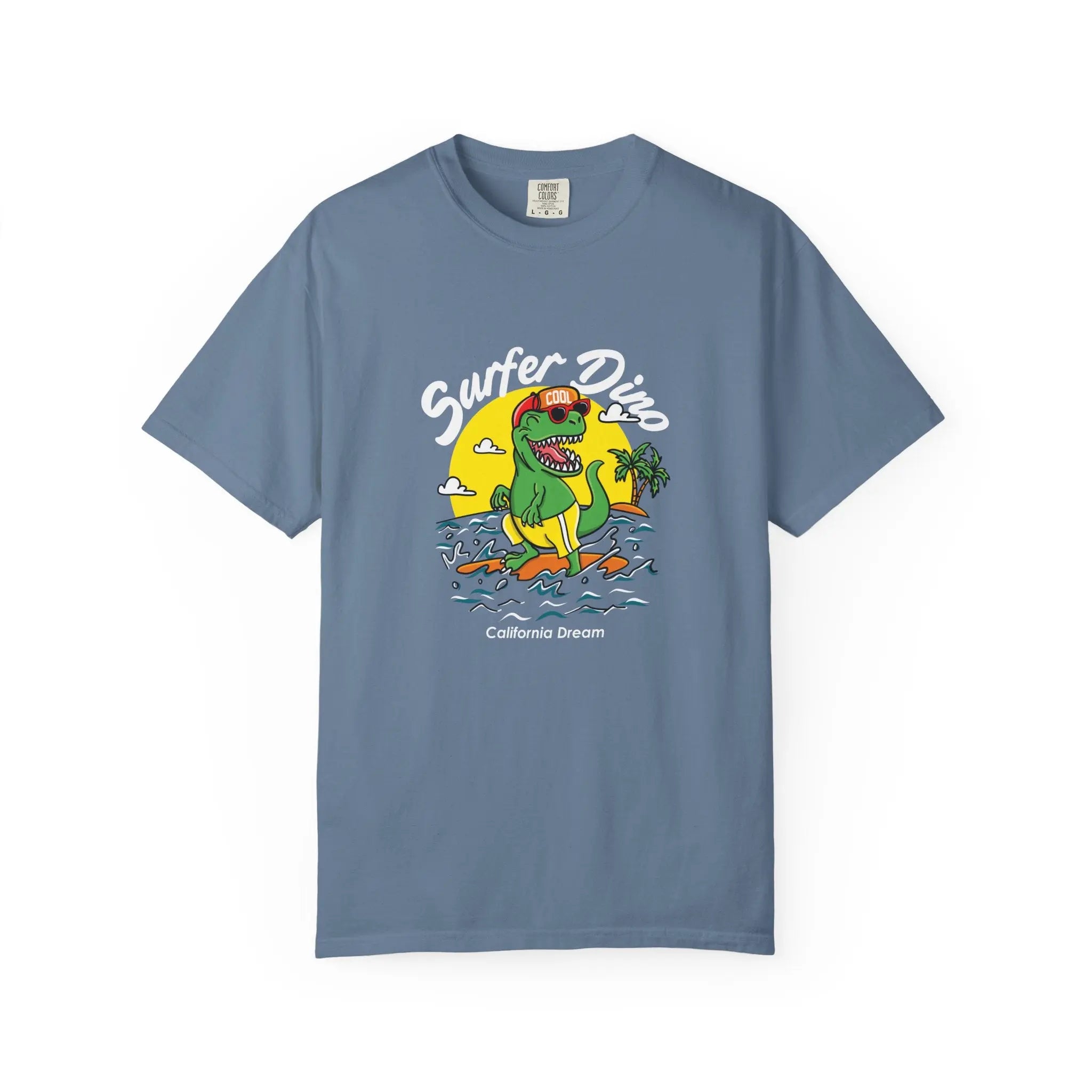 California Dream Surfing Dinosaur In Waves With Palm Tree Graphic T-Shirt - Sinful Threads