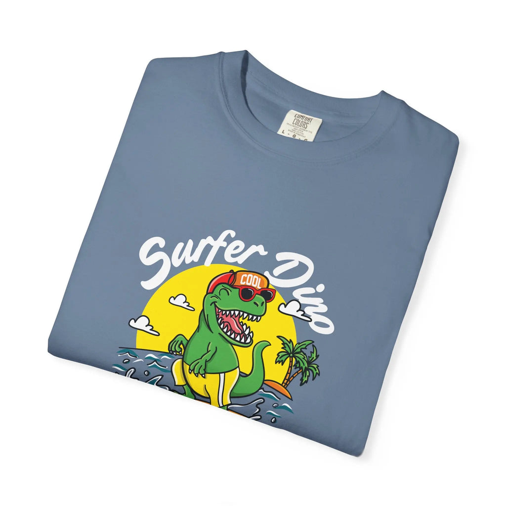 California Dream Surfing Dinosaur In Waves With Palm Tree Graphic T-Shirt - Sinful Threads