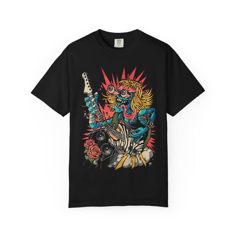 Black t-shirt with colorful zombie graphic on a white background