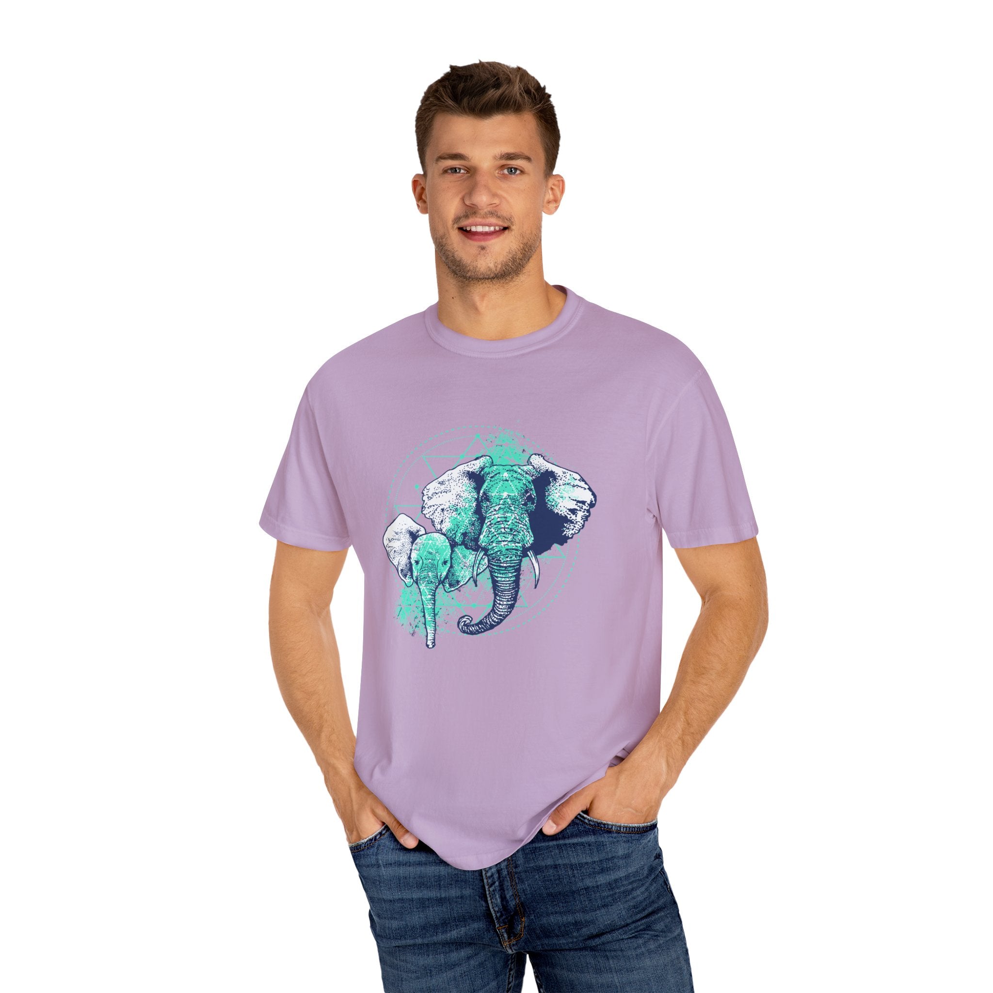 Graphic Mother And Baby Elephant Teal Blue Print T-Shirt - Sinful Threads