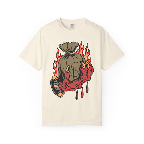 Money Bag Shirt - Devil's Hand Flaming Dollar Tattoo Tee