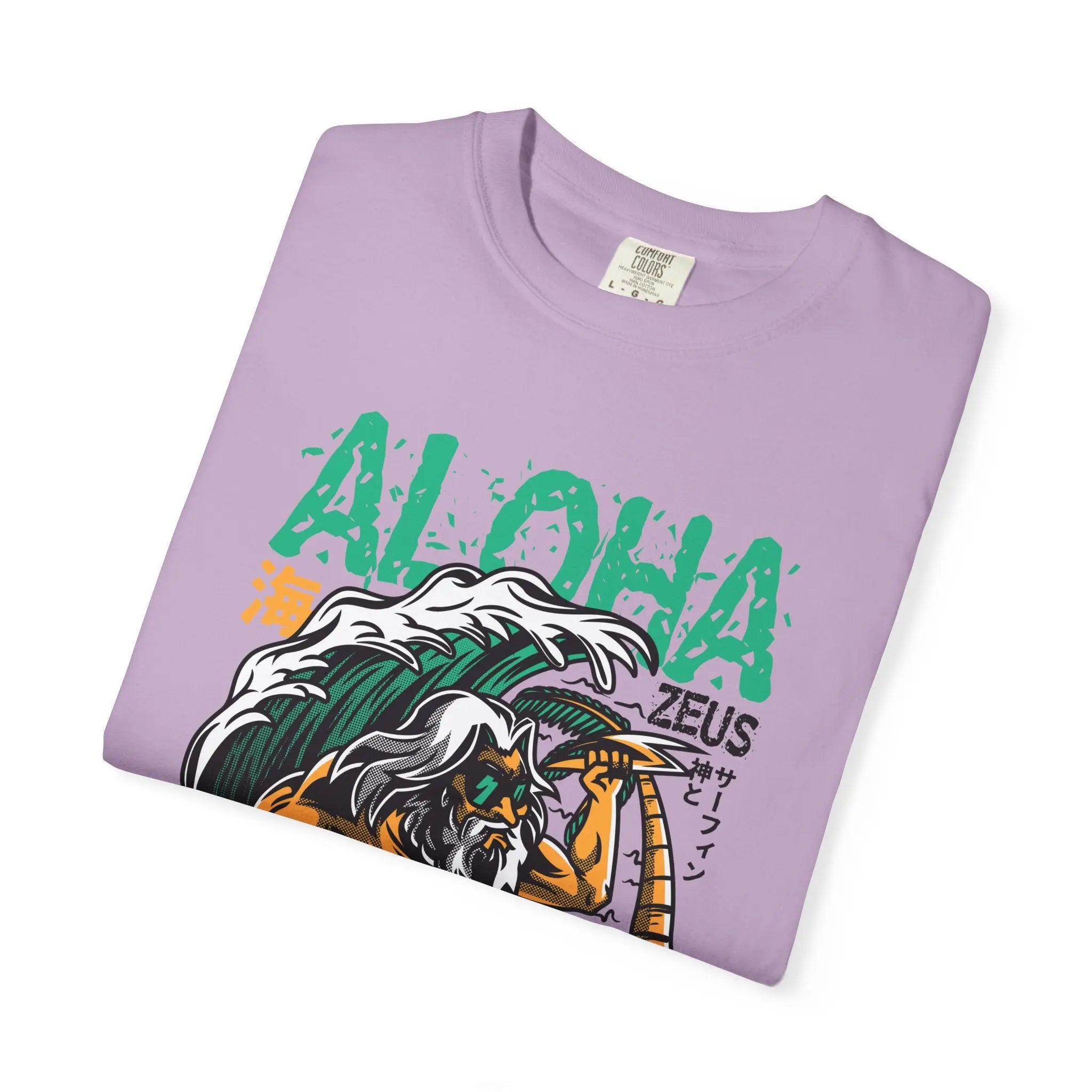 Zeus Surfing Illustration Graphic Design Aloha Text T-Shirt - Sinful Threads