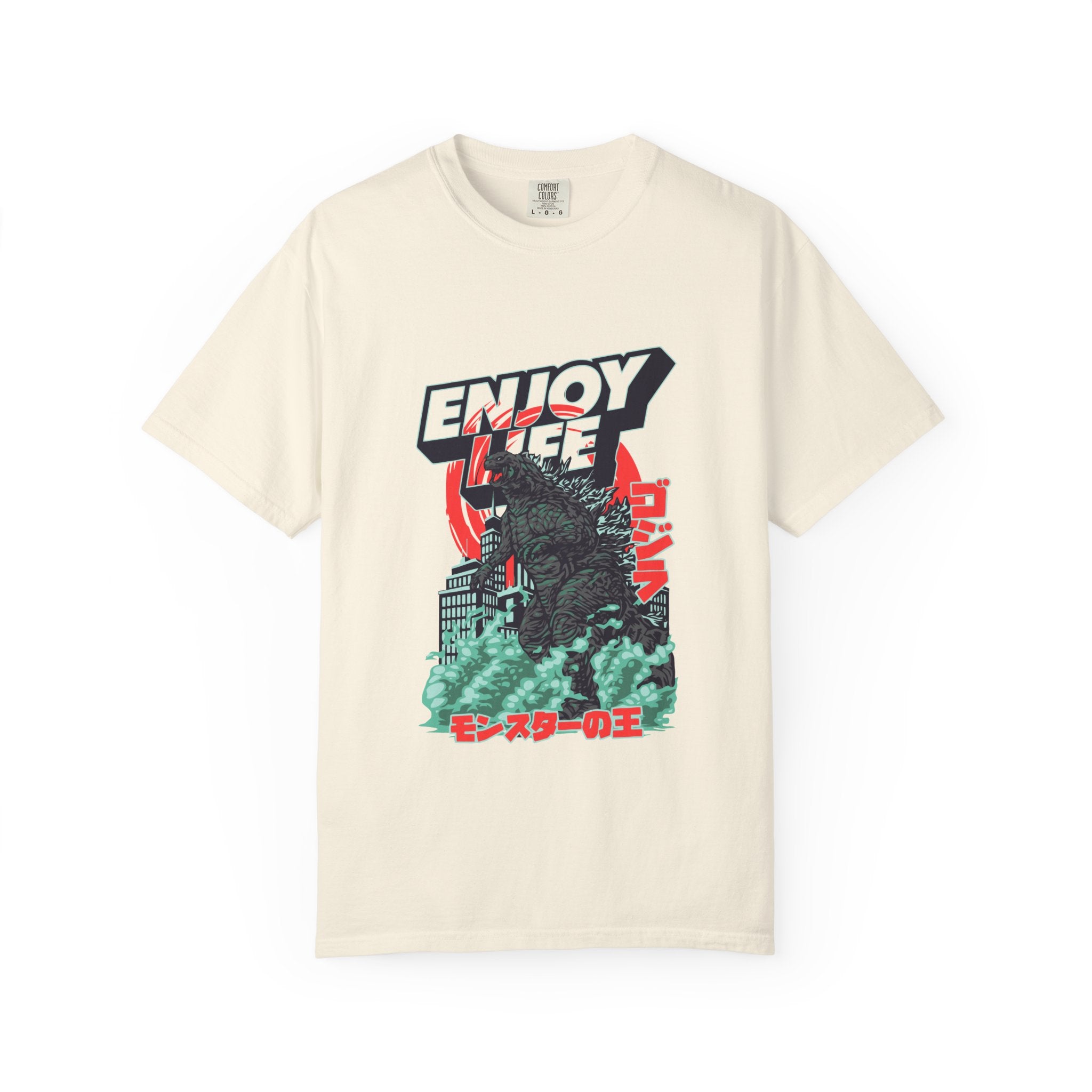 Beige t-shirt with graphic design and text on a white background