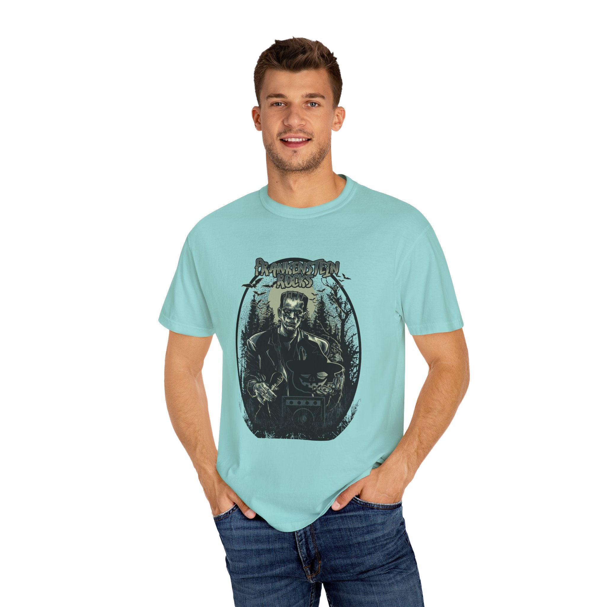 Frankenstein Rocks Halloween Graphic Novelty Design T-Shirt - Sinful Threads