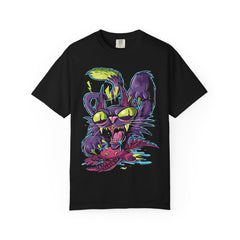 Black t-shirt with a colorful cat graphic on a white background