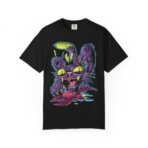 Black t-shirt with a colorful cat graphic on a white background