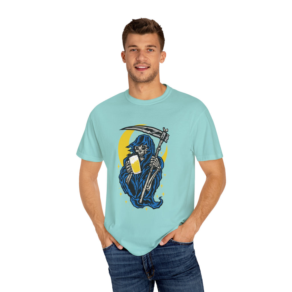 Death Drinks Beer Under The Moon Funny Graphic T-Shirt - Sinful Threads