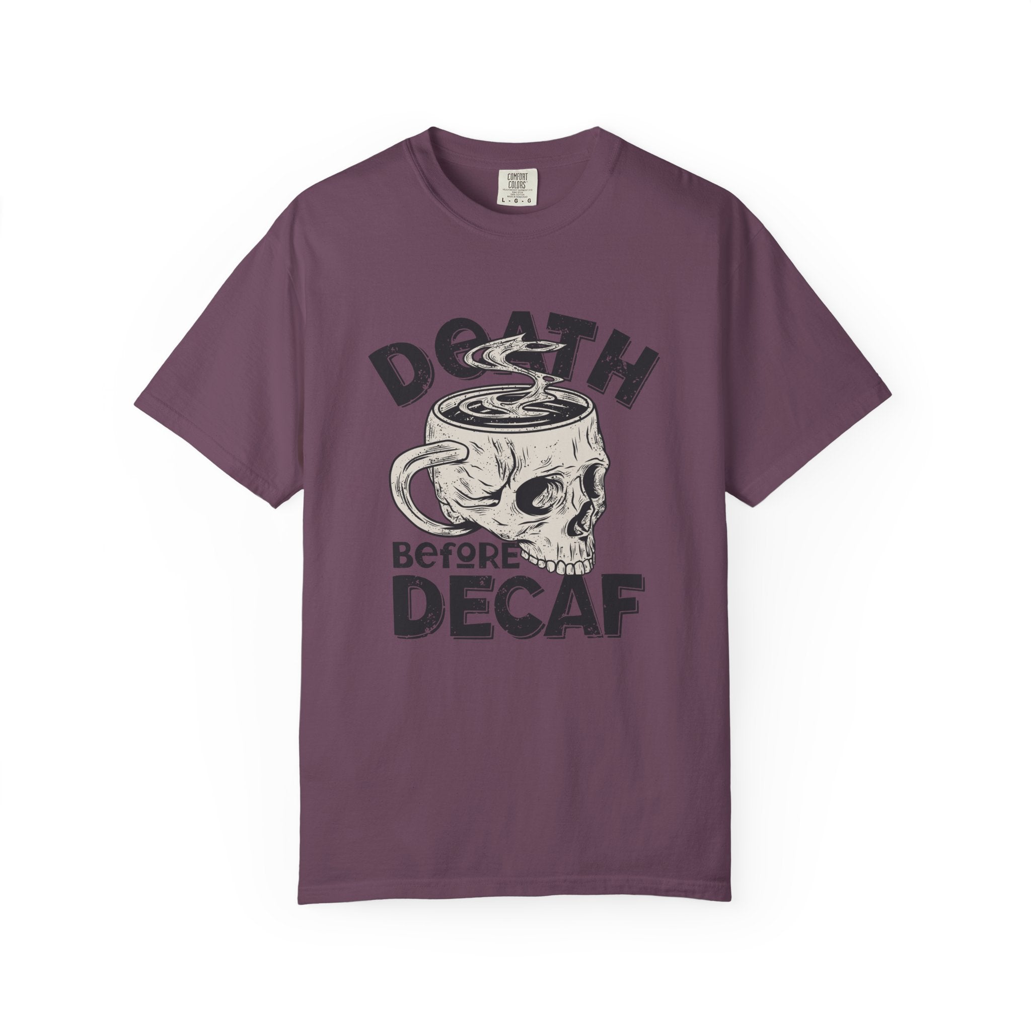 Coffee Skull Shirt - Death Before Decaf - Funny Caffeine Gift - Sinful Threads