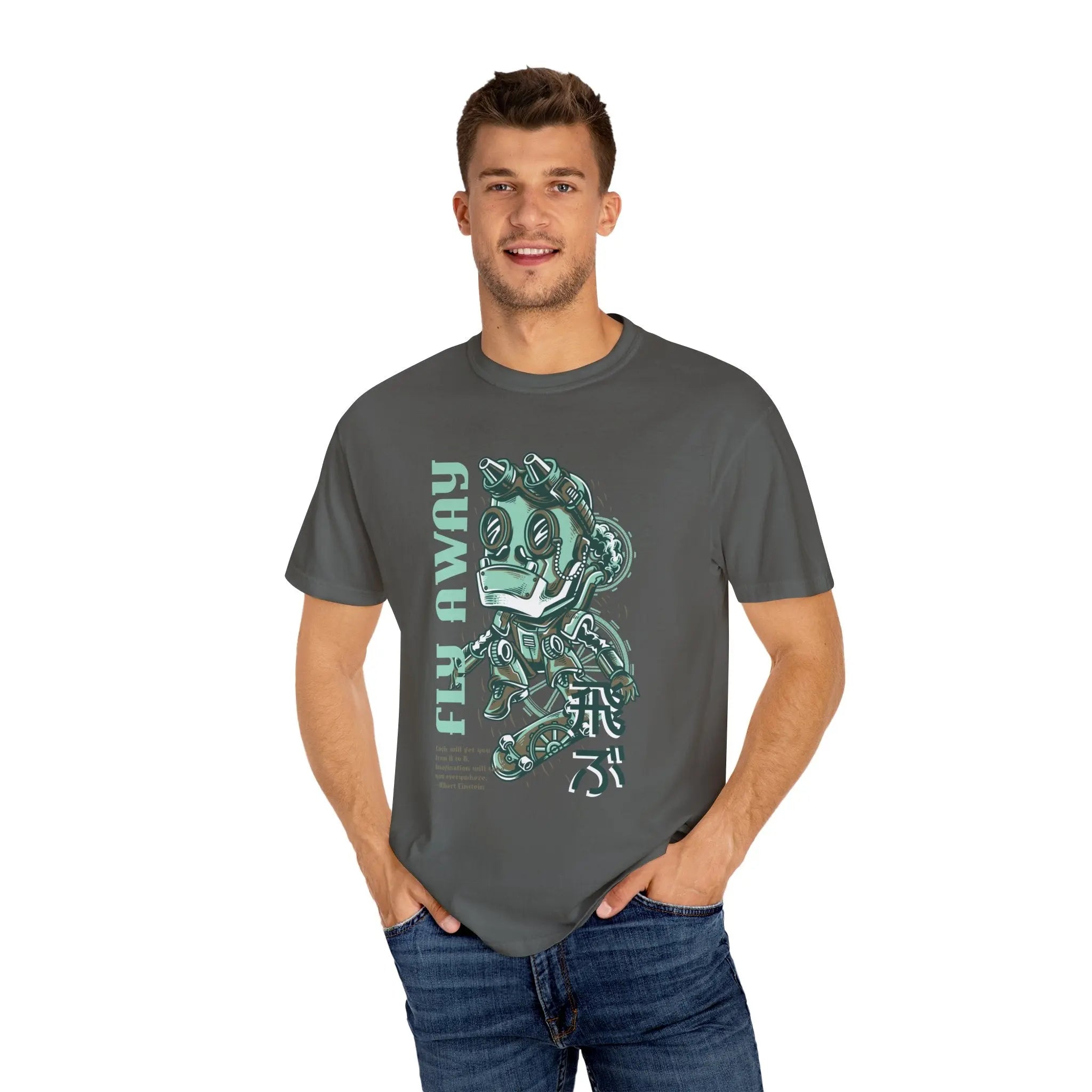 Fly Away Steampunk Robot With Japanese Text Design T-Shirt - Sinful Threads
