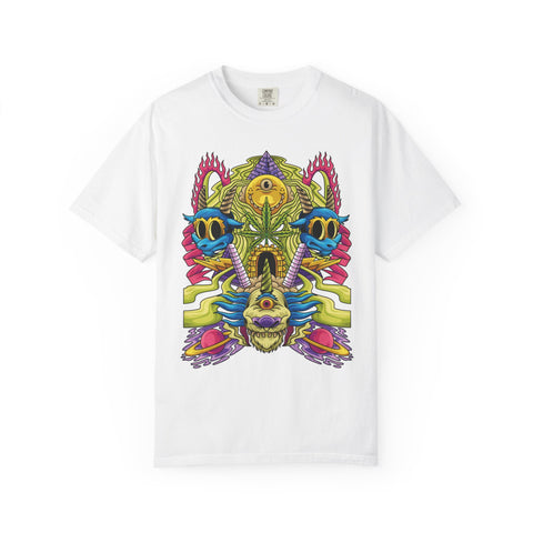 White t-shirt with a colorful abstract design on a white background