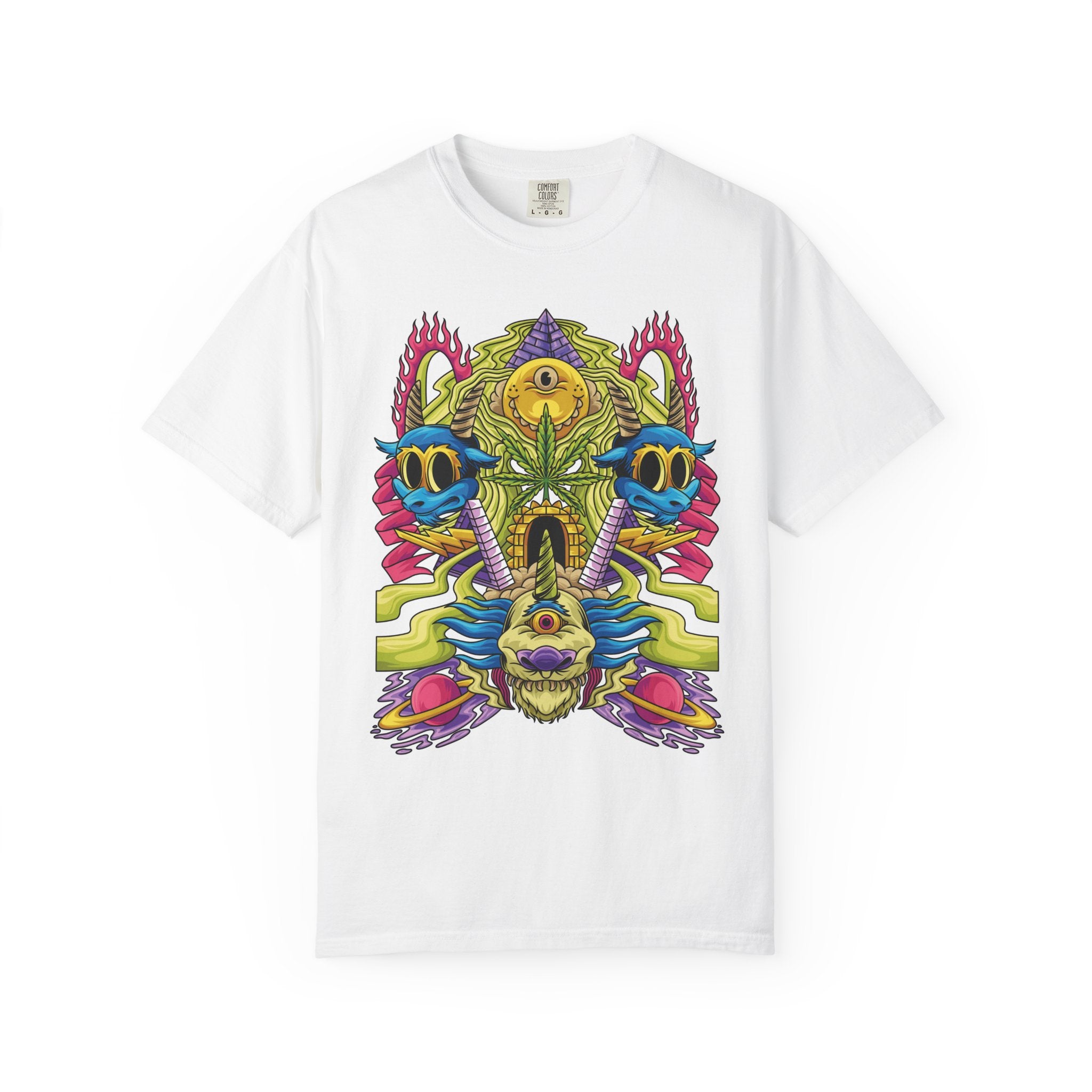 White t-shirt with a colorful abstract design on a white background