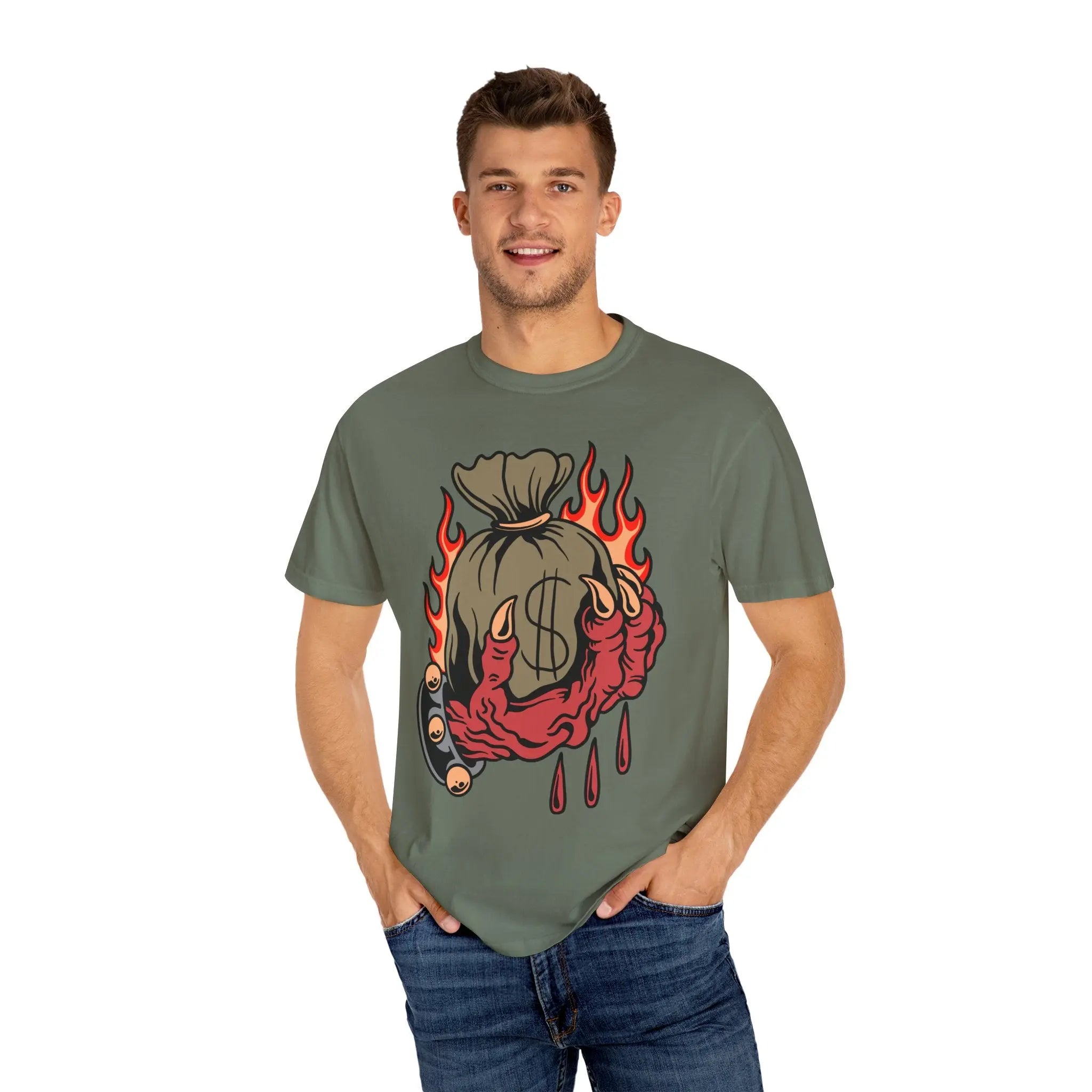 Money Bag Shirt - Devil's Hand Flaming Dollar Tattoo Tee - Sinful Threads