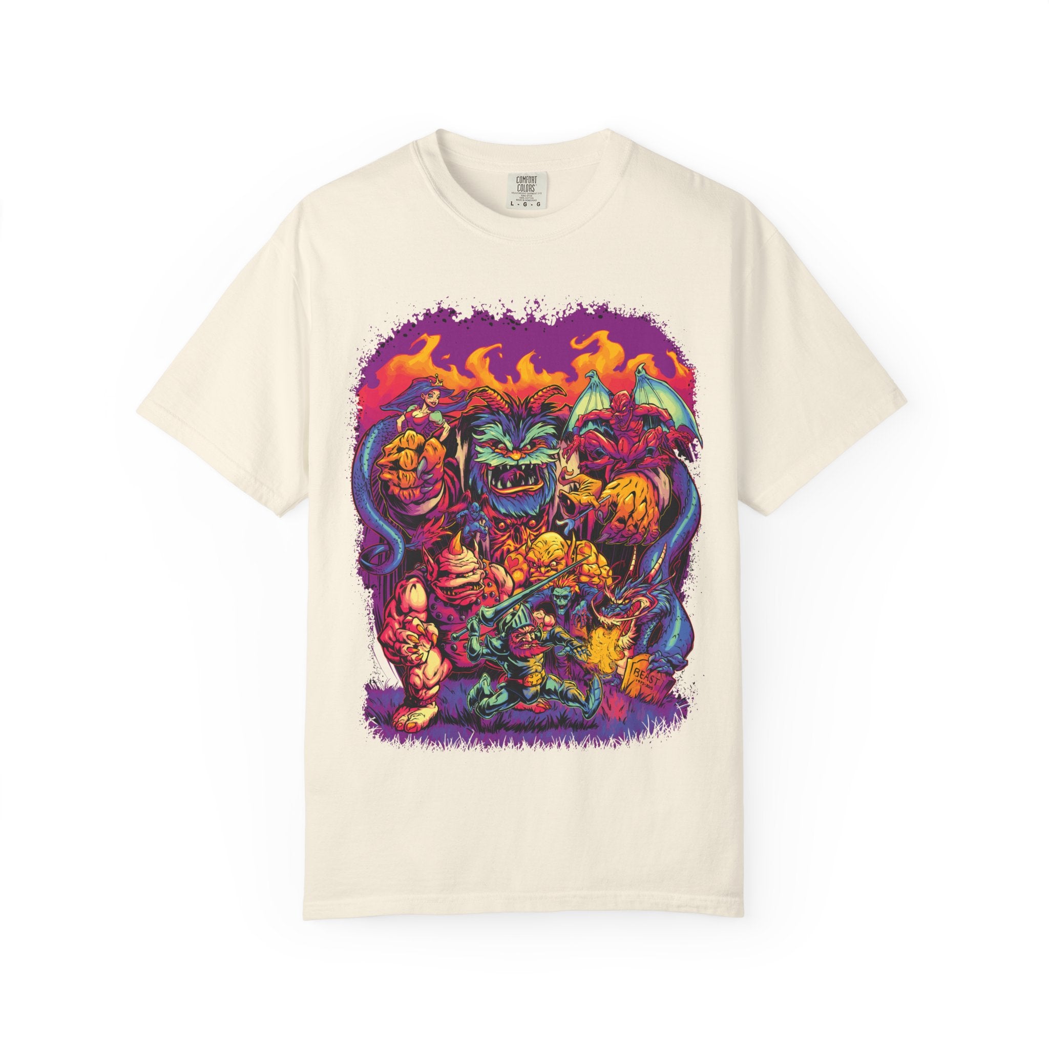 Beige t-shirt with a colorful graphic design on a white background