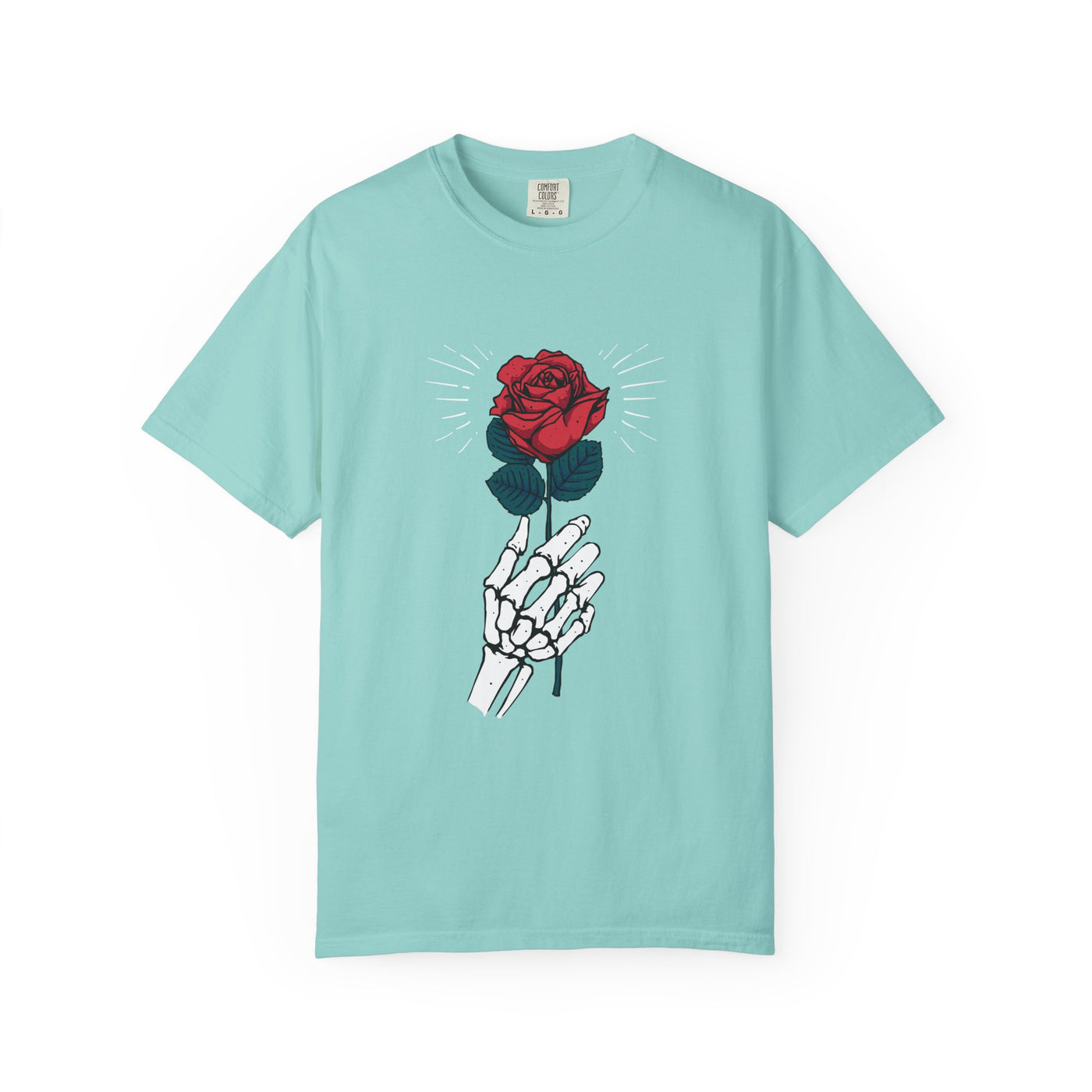 Red Rose In a Skeletal Hand Unique Graphic T-Shirt - Sinful Threads