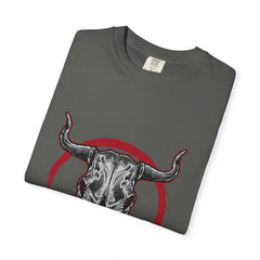 Intricate Bull Skull Design with Red Circle T-Shirt