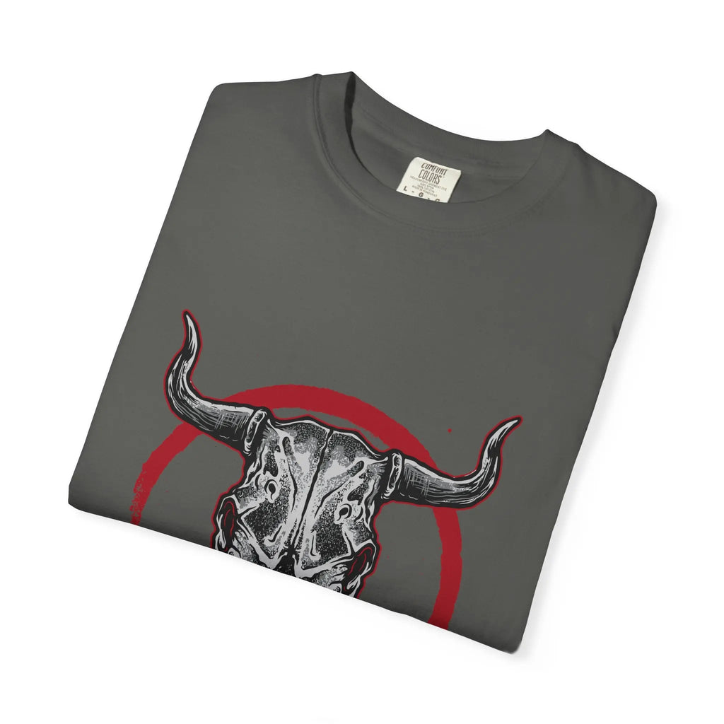 Intricate Bull Skull Design with Red Circle T-Shirt - Sinful Threads
