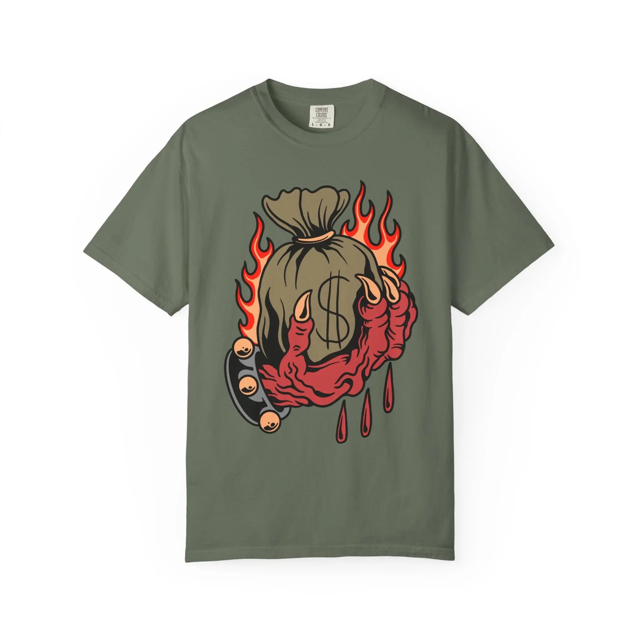 Money Bag Shirt - Devil's Hand Flaming Dollar Tattoo Tee - Sinful Threads