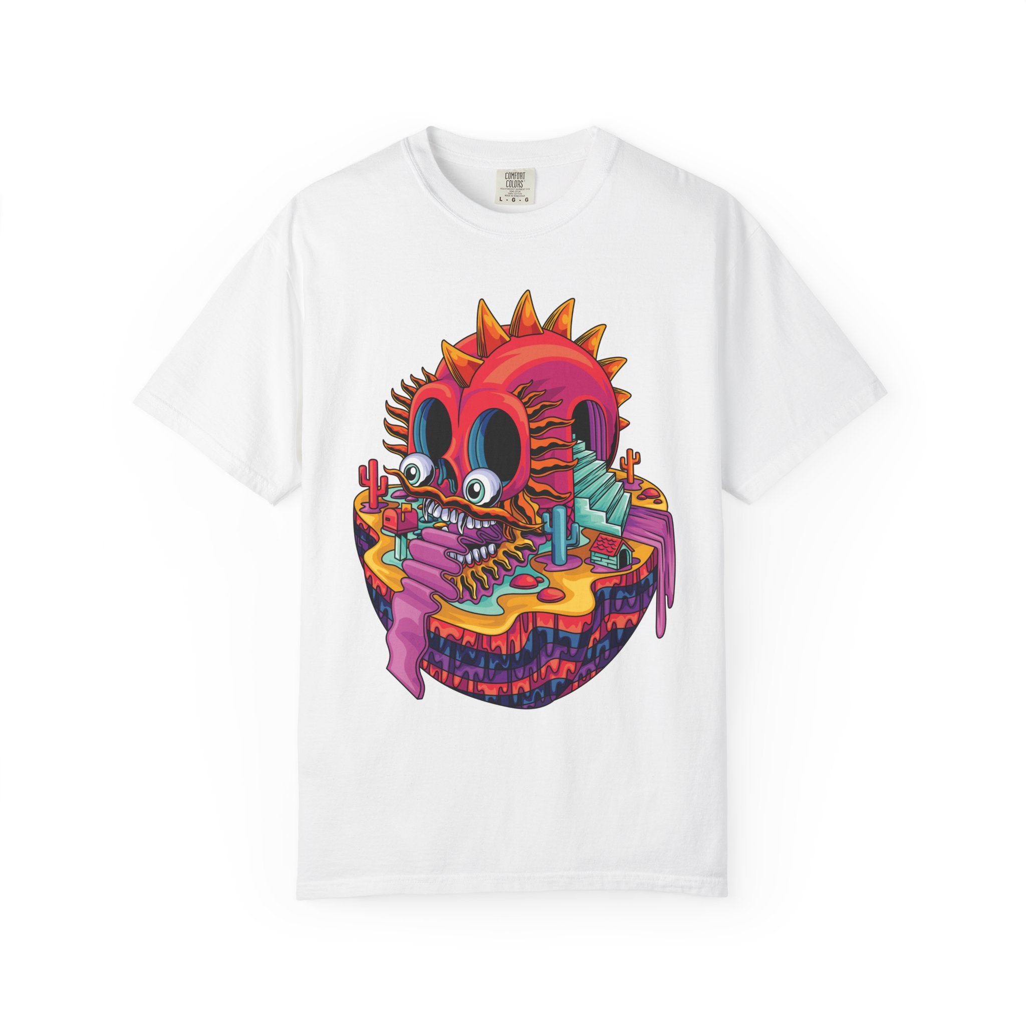 White t-shirt with a colorful graphic design on a white background