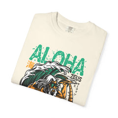 Zeus Surfing Illustration Graphic Design Aloha Text T-Shirt - Sinful Threads
