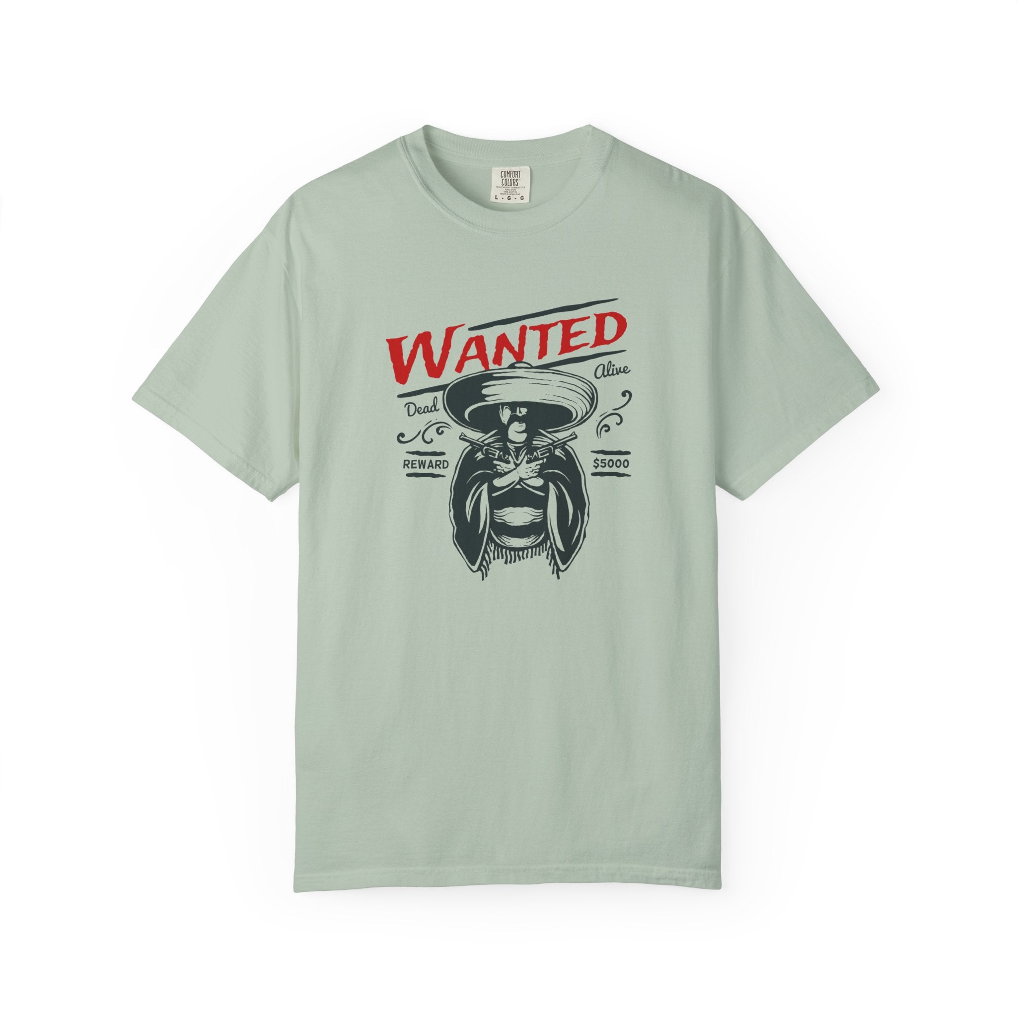 Light green t-shirt with a 'Wanted' poster graphic featuring a bee on a white background