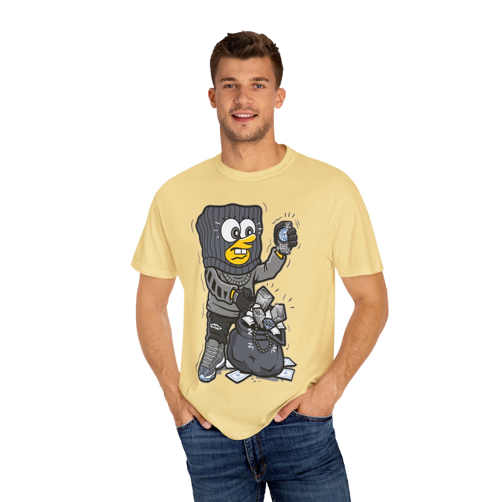 Cartoon Burglar Tee – Funny Diamond Loot Graphic Shirt - Sinful Threads