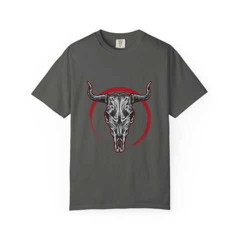 Intricate Bull Skull Design with Red Circle T-Shirt
