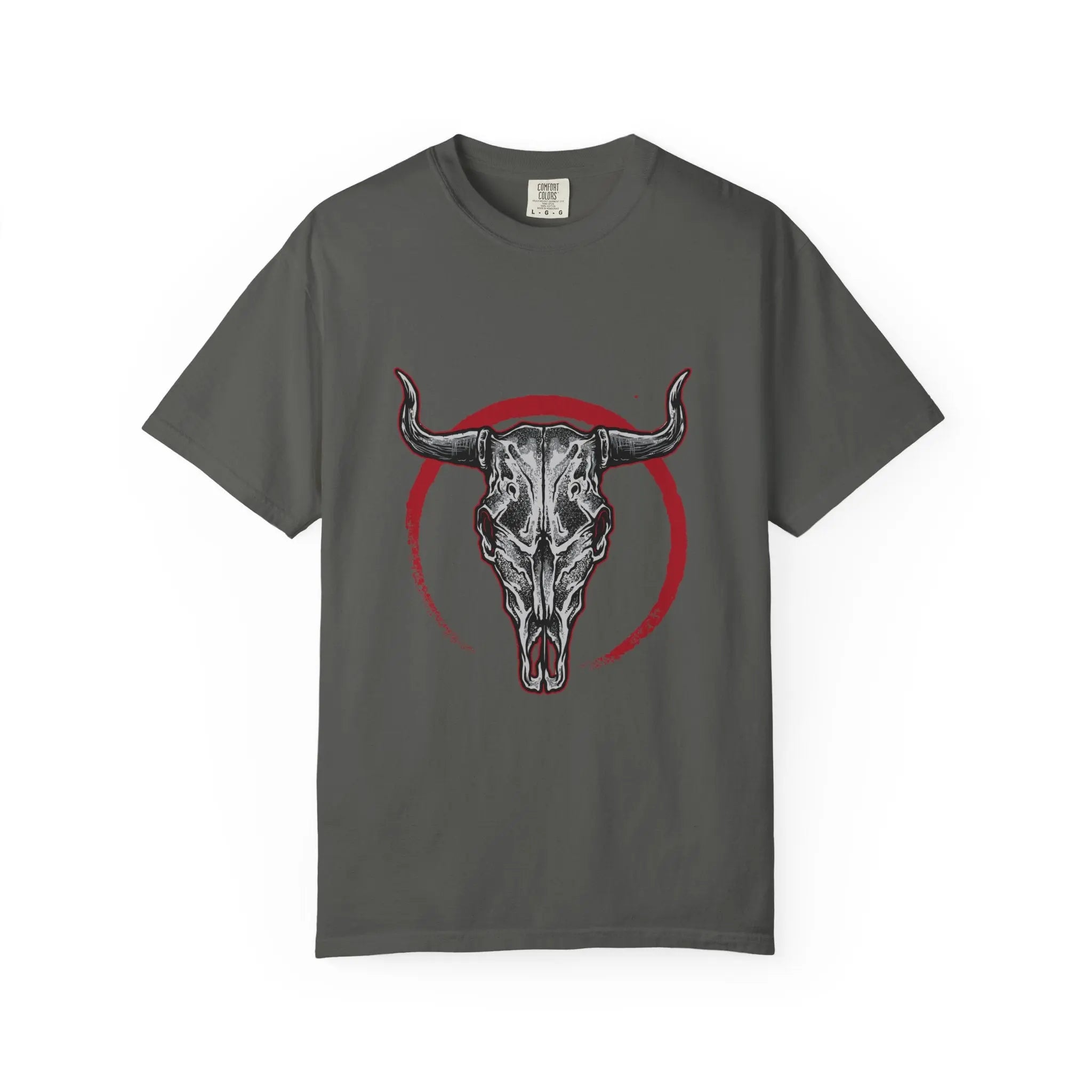 Intricate Bull Skull Design with Red Circle T-Shirt - Sinful Threads
