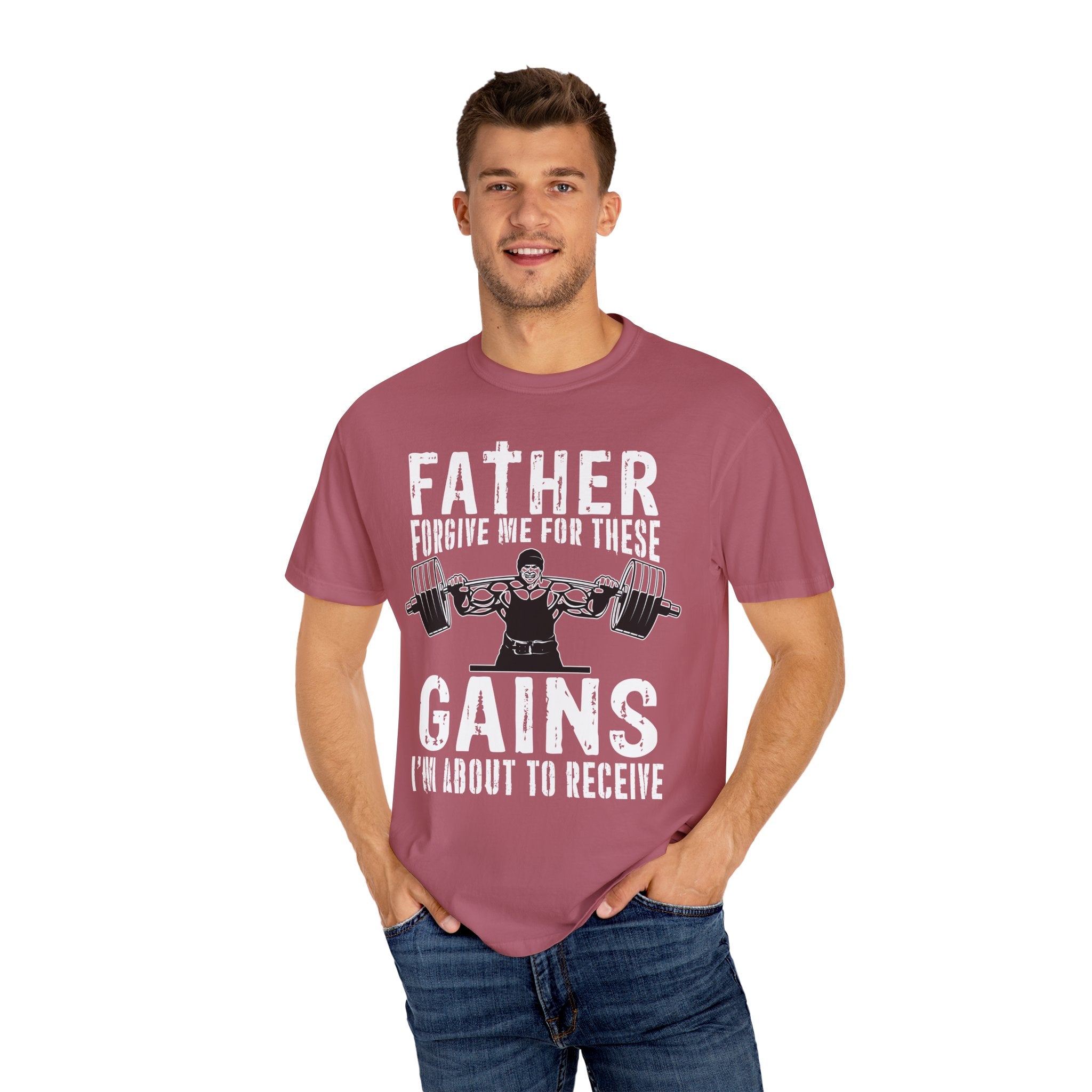 Father Forgive Gains Gym Shirt - Christian Humor Gift - Sinful Threads