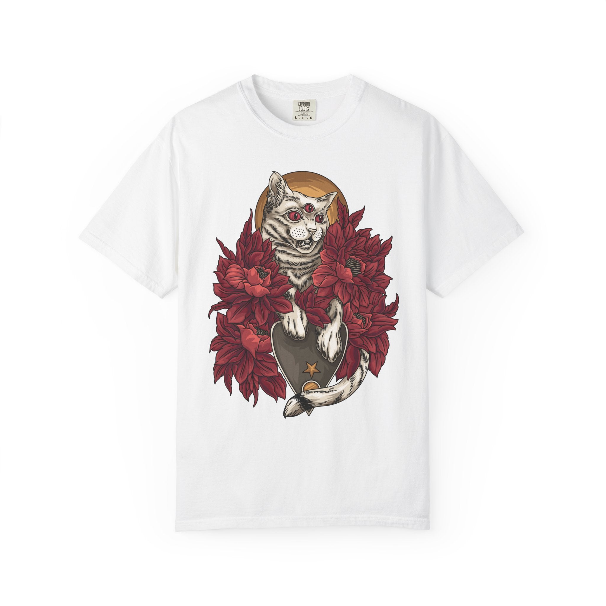 White t-shirt with a graphic of a cat holding a ouija surrounded by red flowers on a white background.