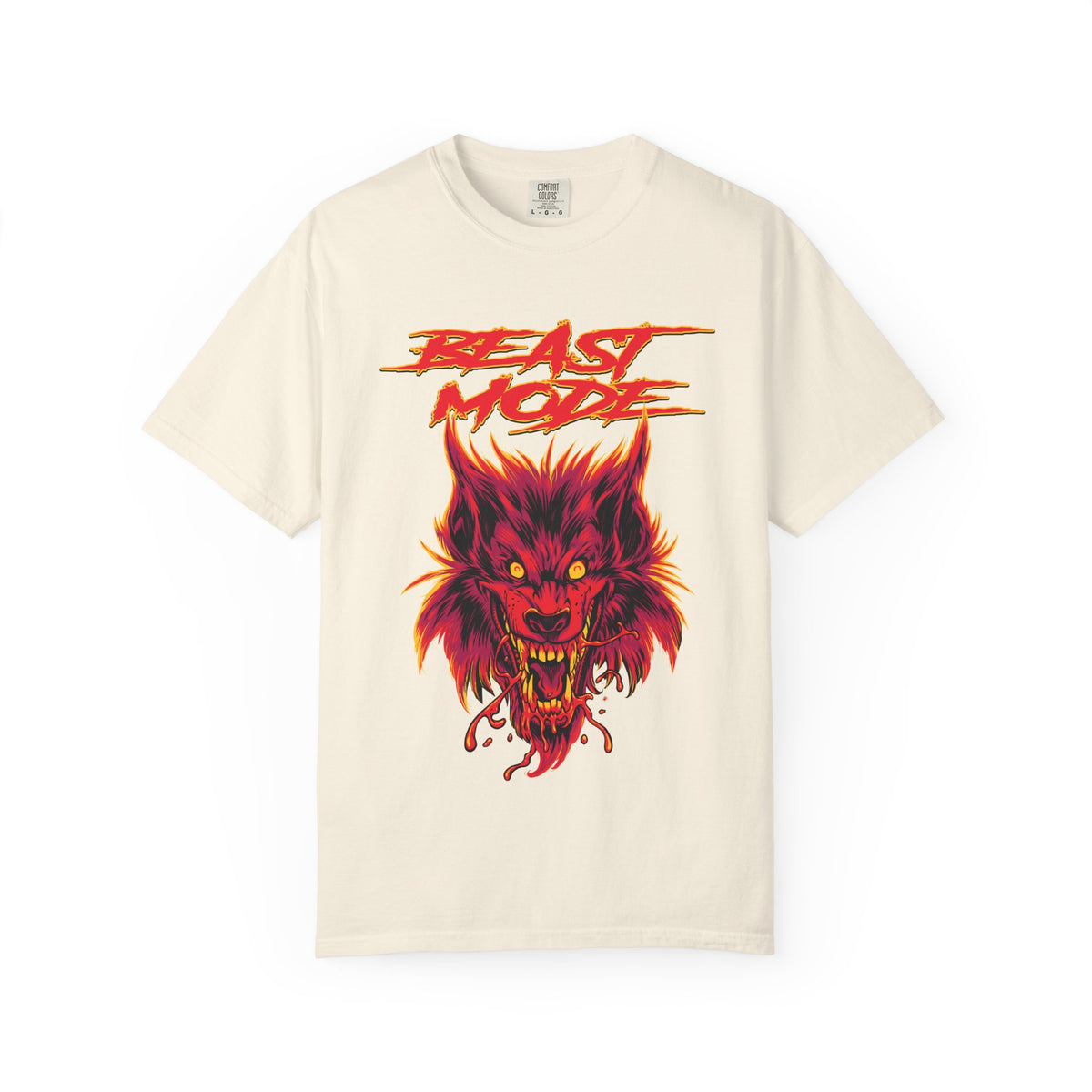 Beige t-shirt with red wolf graphic and 'Beast Mode' text on a white background