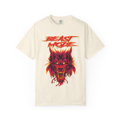 Beige t-shirt with red wolf graphic and 'Beast Mode' text on a white background