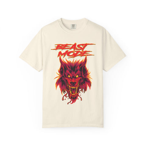 Beige t-shirt with red wolf graphic and 'Beast Mode' text on a white background