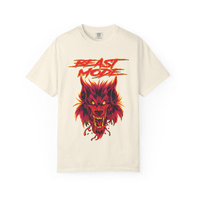 Beige t-shirt with red wolf graphic and 'Beast Mode' text on a white background