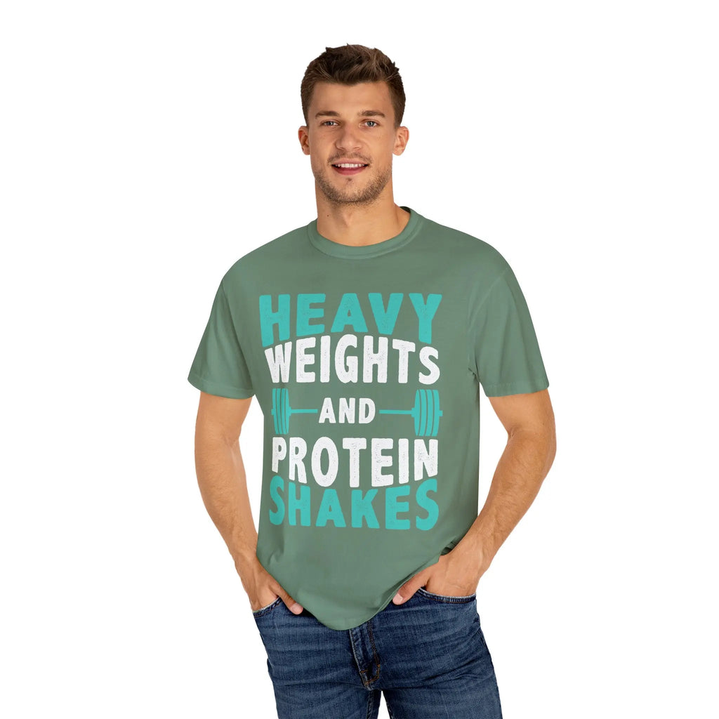 Gym Workout T-Shirt - Heavy Weights Protein Shakes Design for Lifters Printify