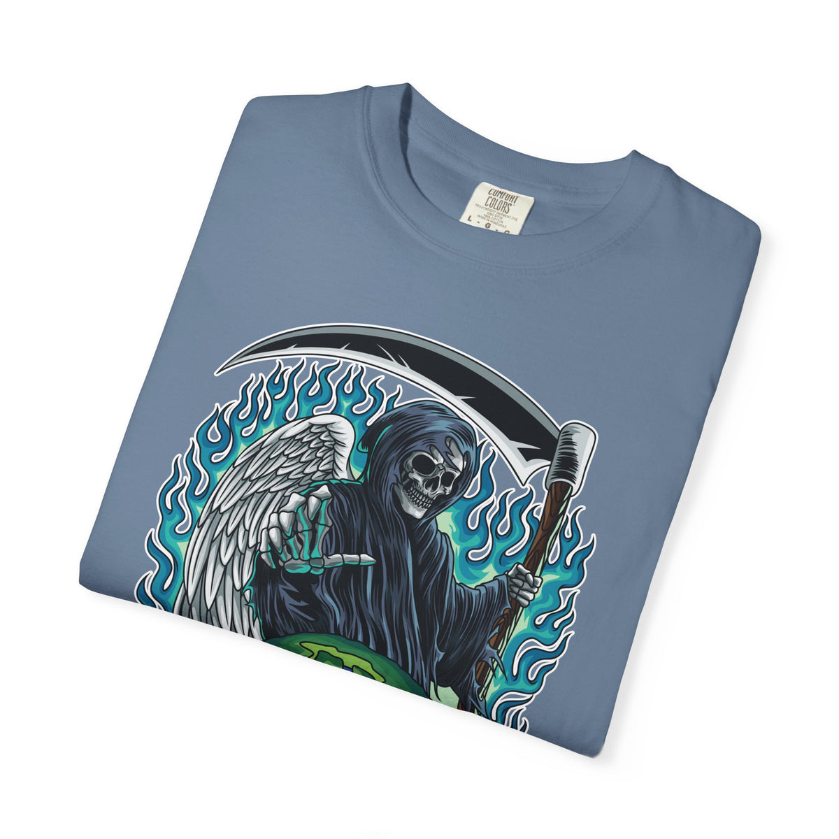Grim Reaper Tee – Blue Flames Skull Gothic Death Shirt