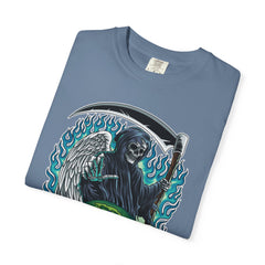 Grim Reaper Tee – Blue Flames Skull Gothic Death Shirt