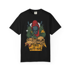 Black t-shirt with a graphic design of a Xenomorph holding a box labeled 'Hats & Hugs' on a white background.