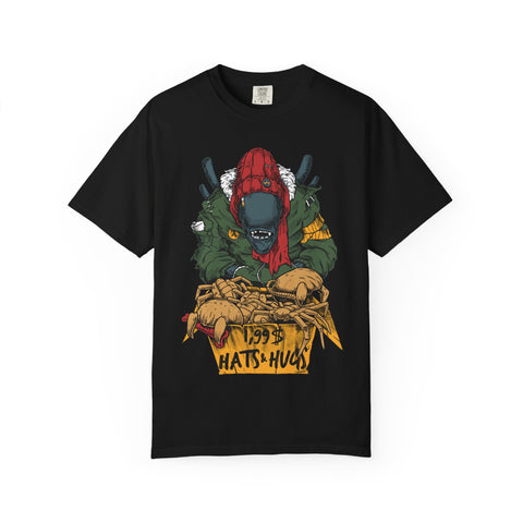 Black t-shirt with a graphic design of a Xenomorph holding a box labeled 'Hats & Hugs' on a white background.