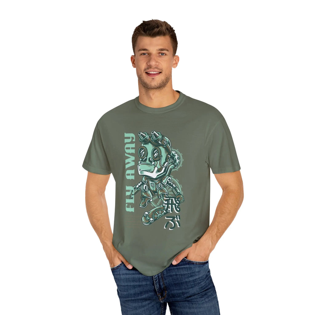 Fly Away Steampunk Robot With Japanese Text Design T-Shirt - Sinful Threads