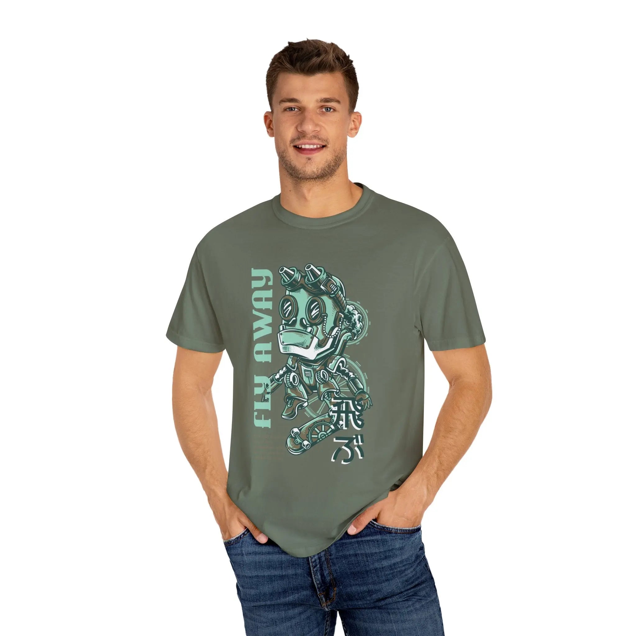 Fly Away Steampunk Robot With Japanese Text Design T-Shirt - Sinful Threads