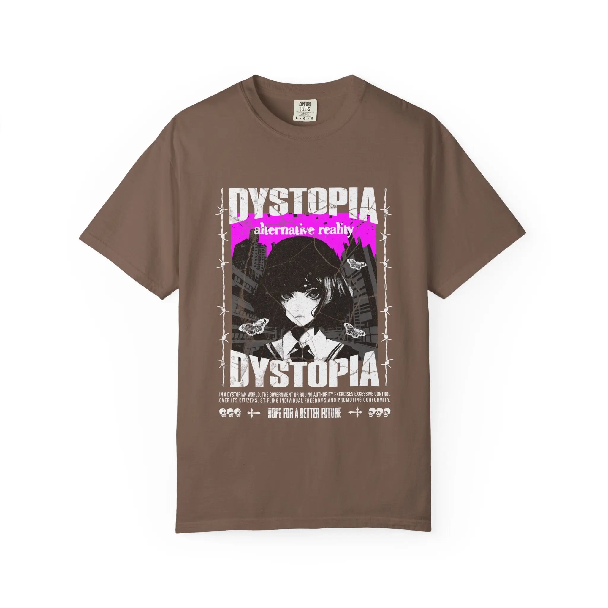 Brown t-shirt with dystopian graphic design featuring a character and text on a white background