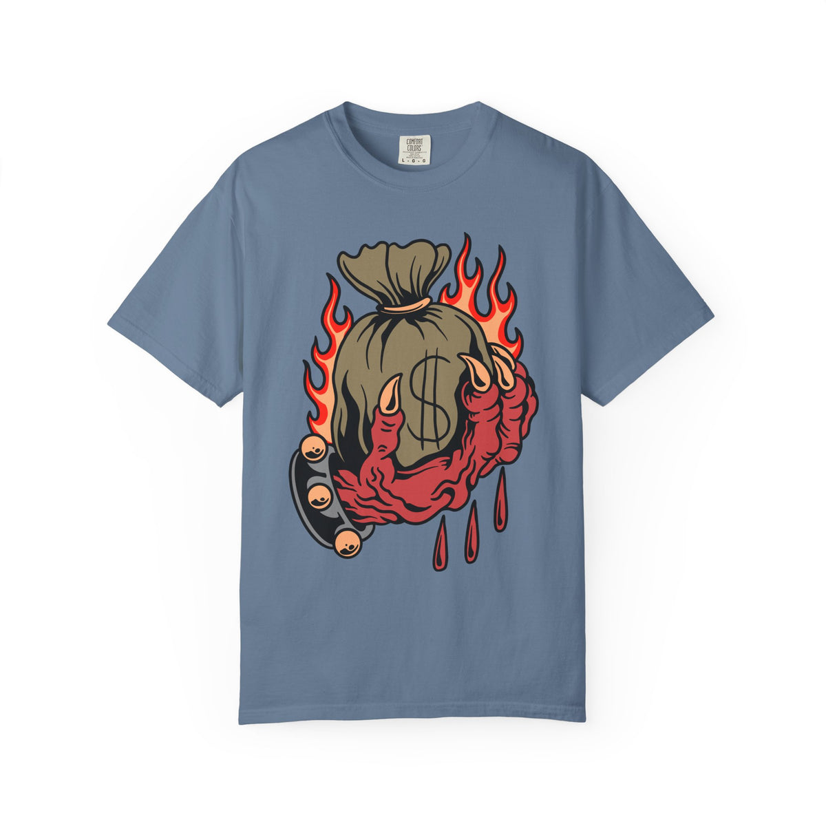 Money Bag Shirt - Devil's Hand Flaming Dollar Tattoo Tee