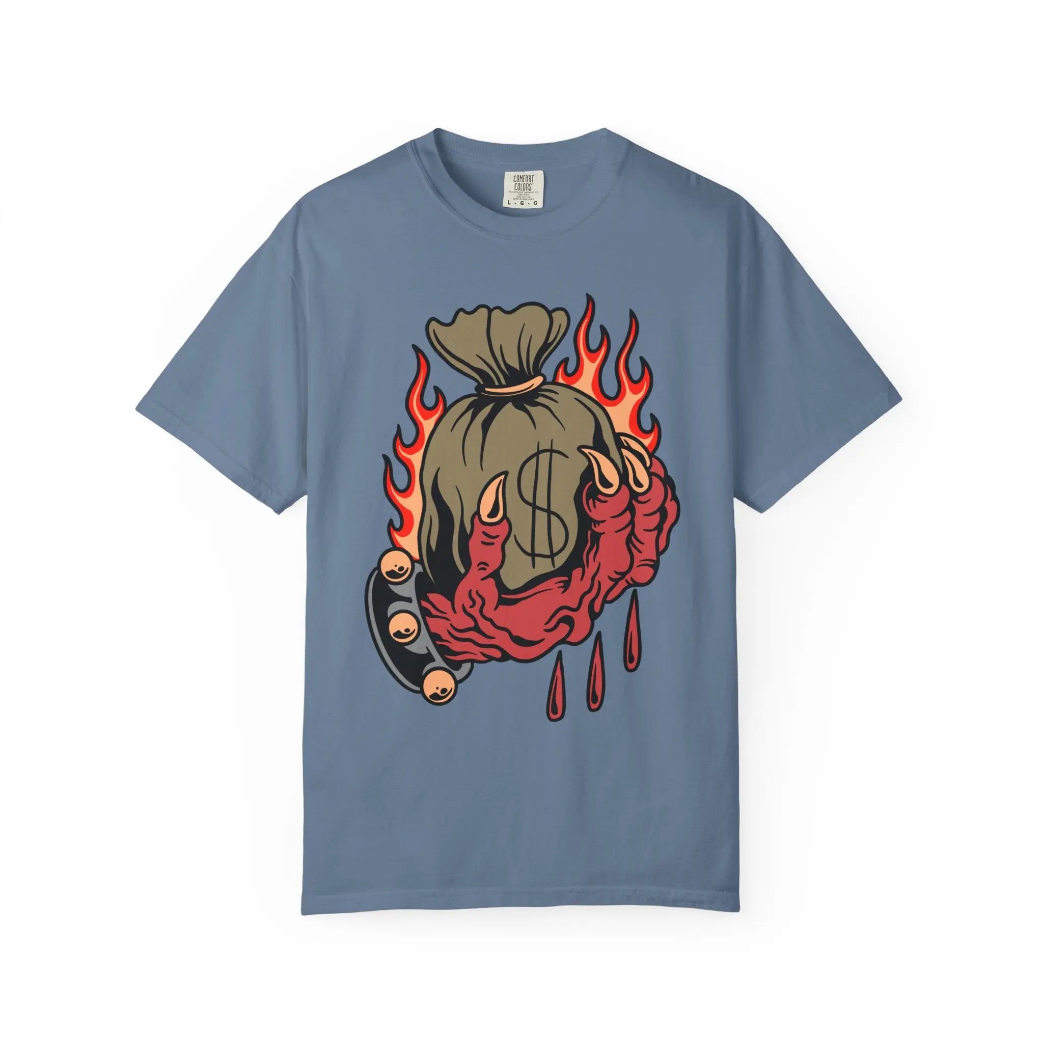Money Bag Shirt - Devil's Hand Flaming Dollar Tattoo Tee - Sinful Threads