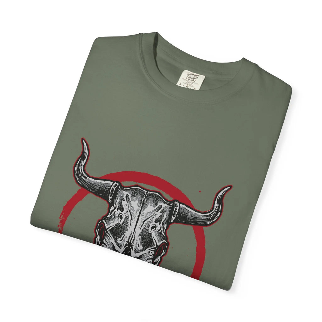 Intricate Bull Skull Design with Red Circle T-Shirt - Sinful Threads
