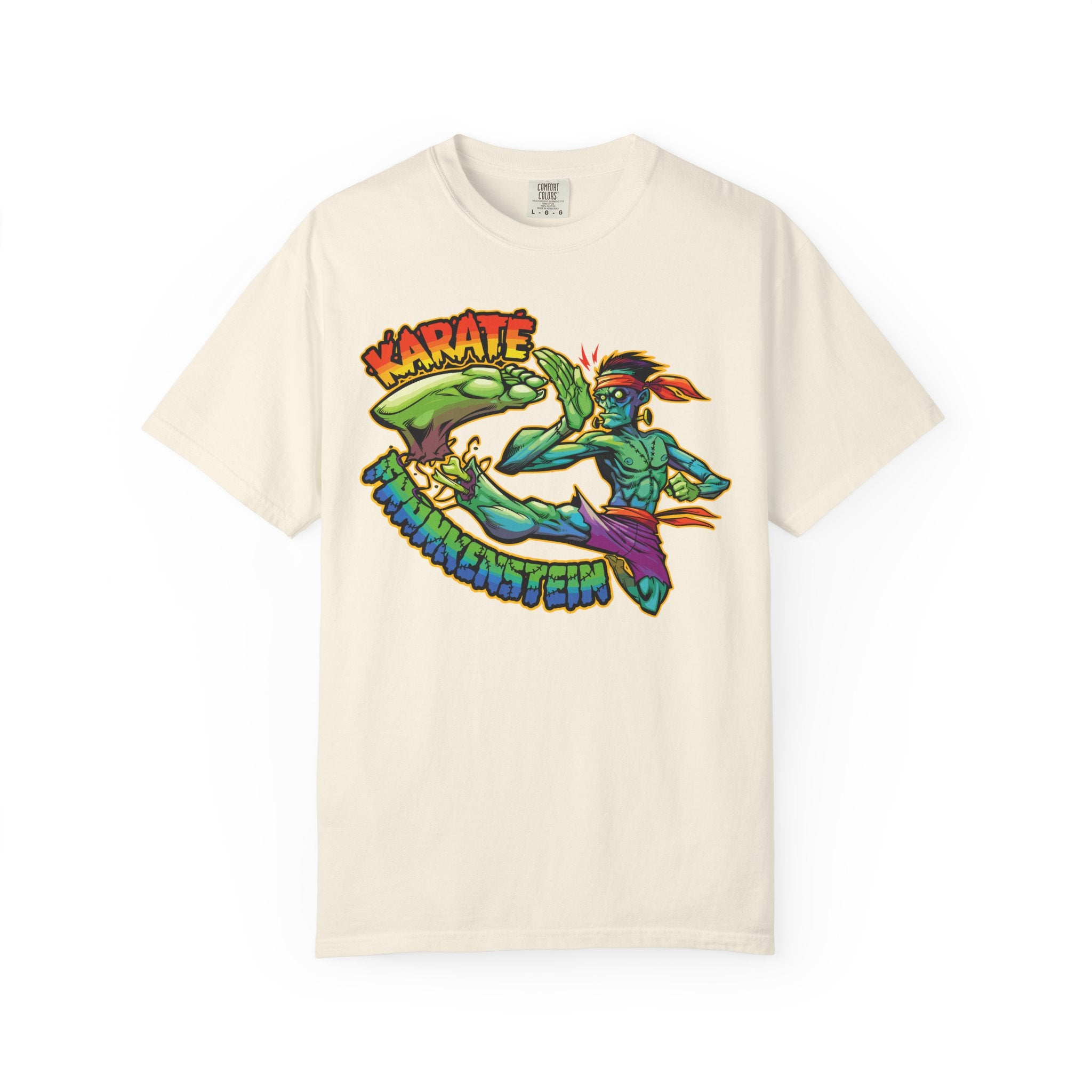 Beige t-shirt with colorful karate frankenstein graphic design on a white background