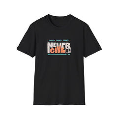 Black t-shirt with 'Never Give Up' text design on a white background