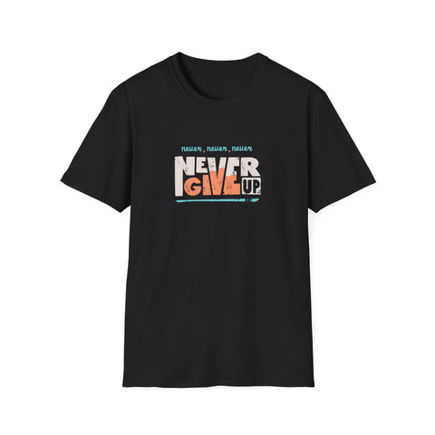 Black t-shirt with 'Never Give Up' text design on a white background