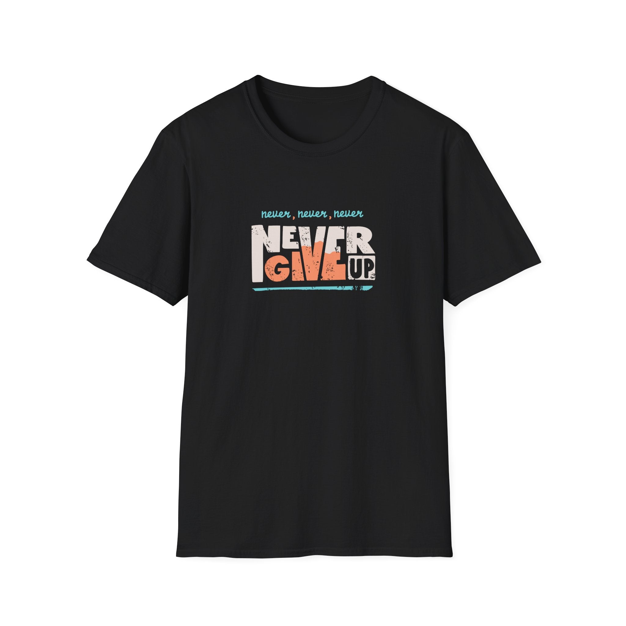 Black t-shirt with 'Never Give Up' text design on a white background
